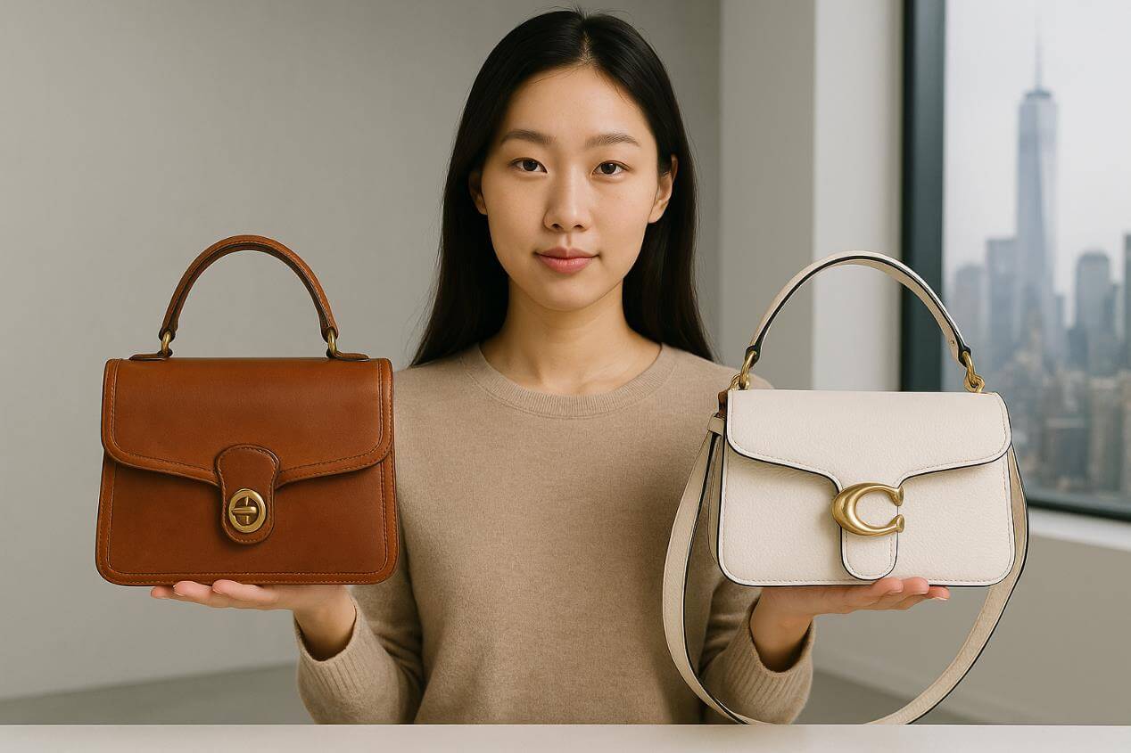 코치의 빈티지 백과 현대적인 Tabby 백을 비교하는 장면