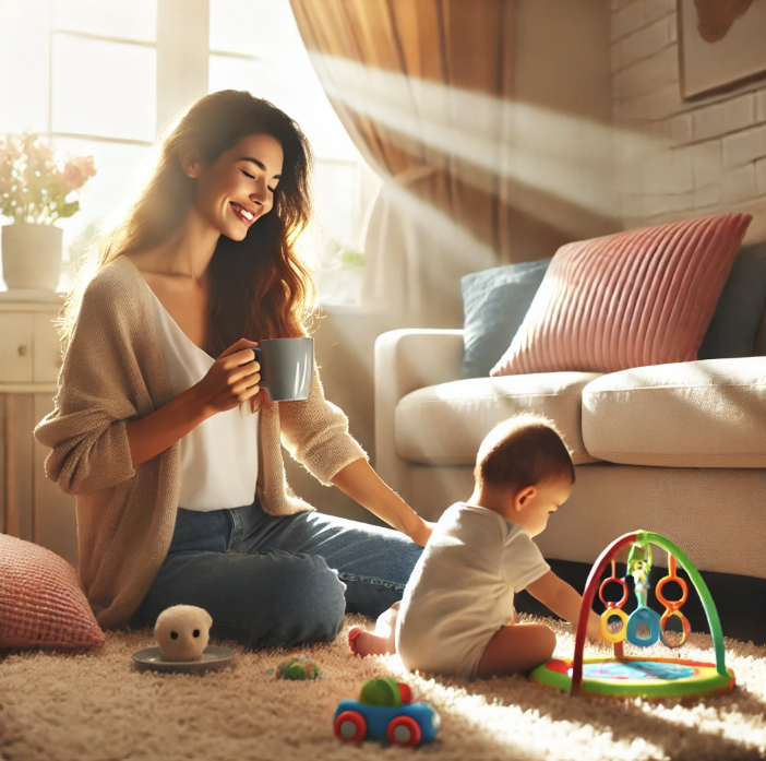 초보맘이 육아 스트레스를 줄이고 편안한 시간을 보내는 모습 관련 일러스트