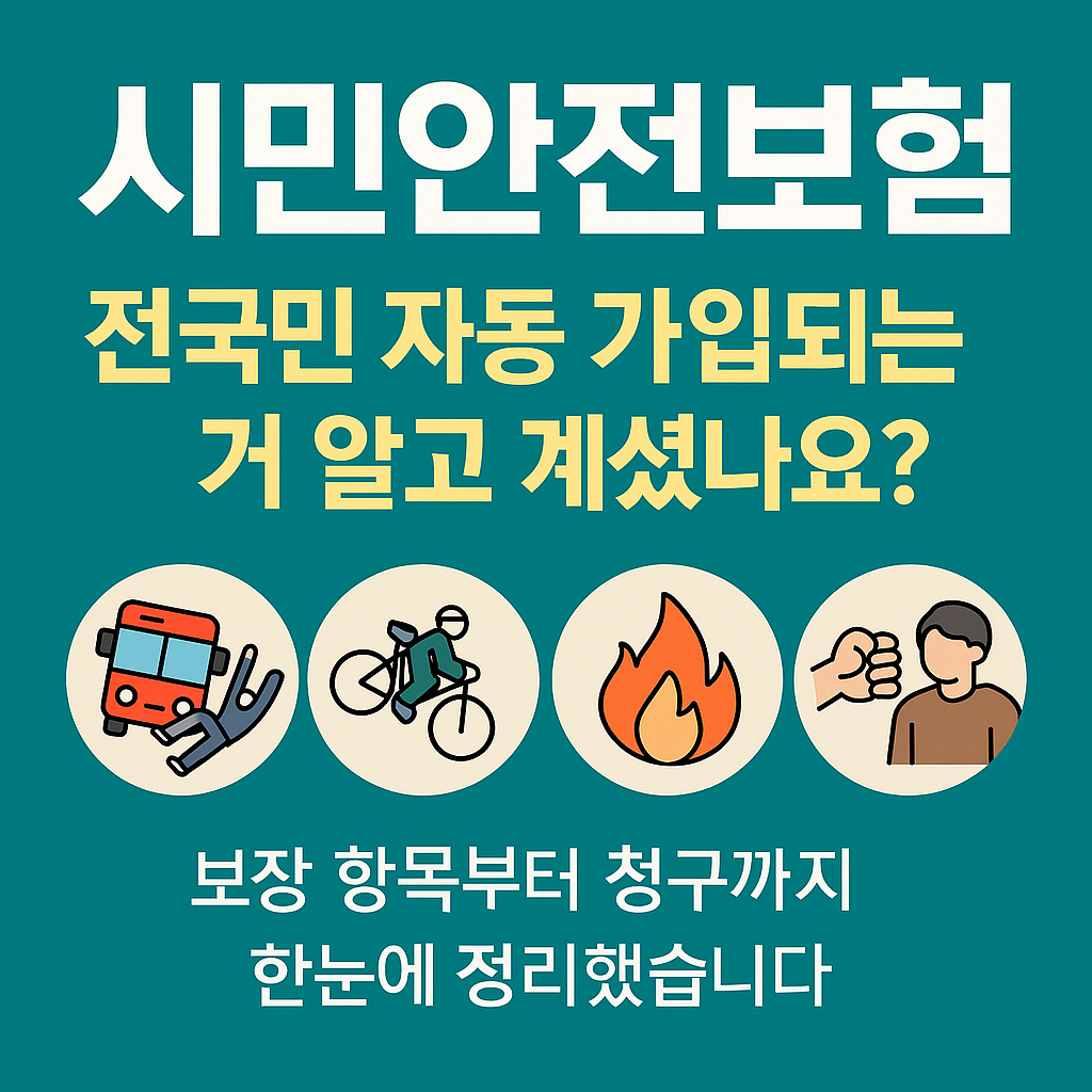 시민안전보험 홍보 이미지 – 전국민 자동가입, 보장 항목 및 청구 절차 요약 안내. 대중교통, 자전거, 화재, 폭행 아이콘 포함.