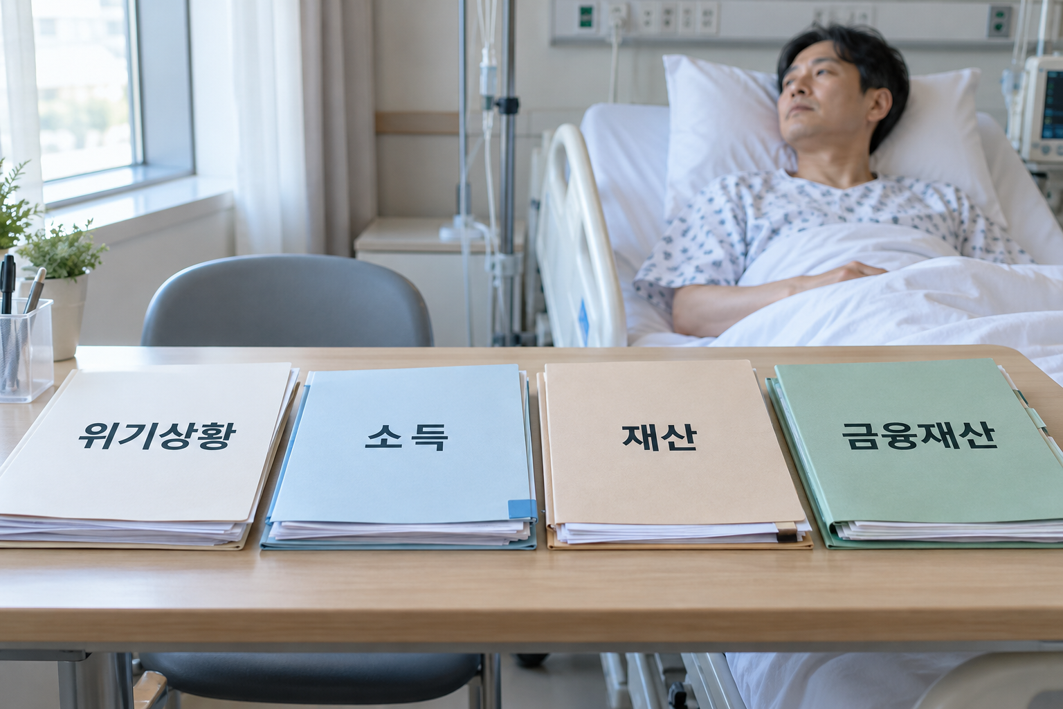 입원 병실 장면 옆 위기상황&middot;소득&middot;재산&middot;금융재산 네 조건
