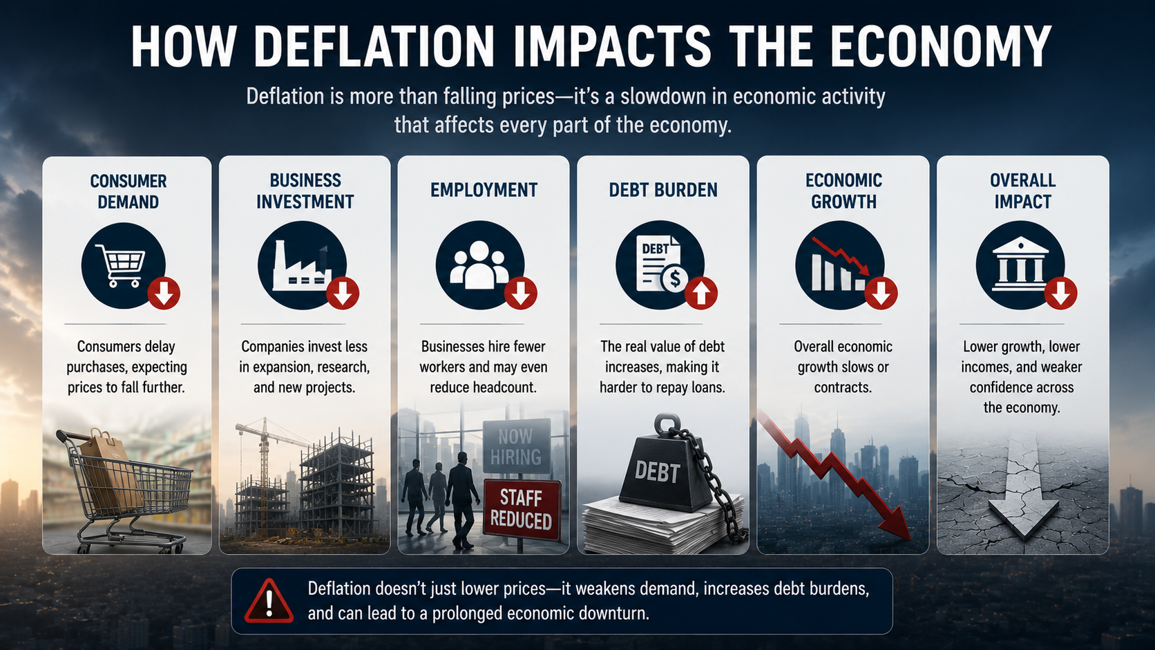 Economic impact of deflation showing weaker consumer demand, reduced investment, rising debt burdens, slower growth, and declining employment.