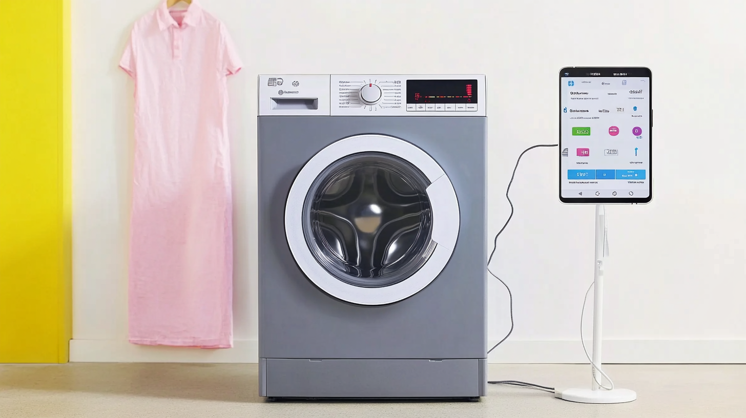 스마트폰과 연결된 라벤더 그레이 색상의 현대적인 세탁기가 미니멀리즘 홈 환경에서 고급스러운 스마트 기술을 보여주고 있는 모습