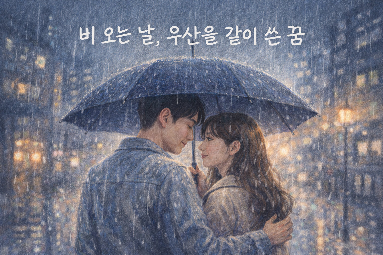 비 오는 도시 거리에서 연인이 하나의 우산을 함께 쓰고 서로를 바라보는 몽환적인 파스텔 질감의 꿈해몽 일러스트