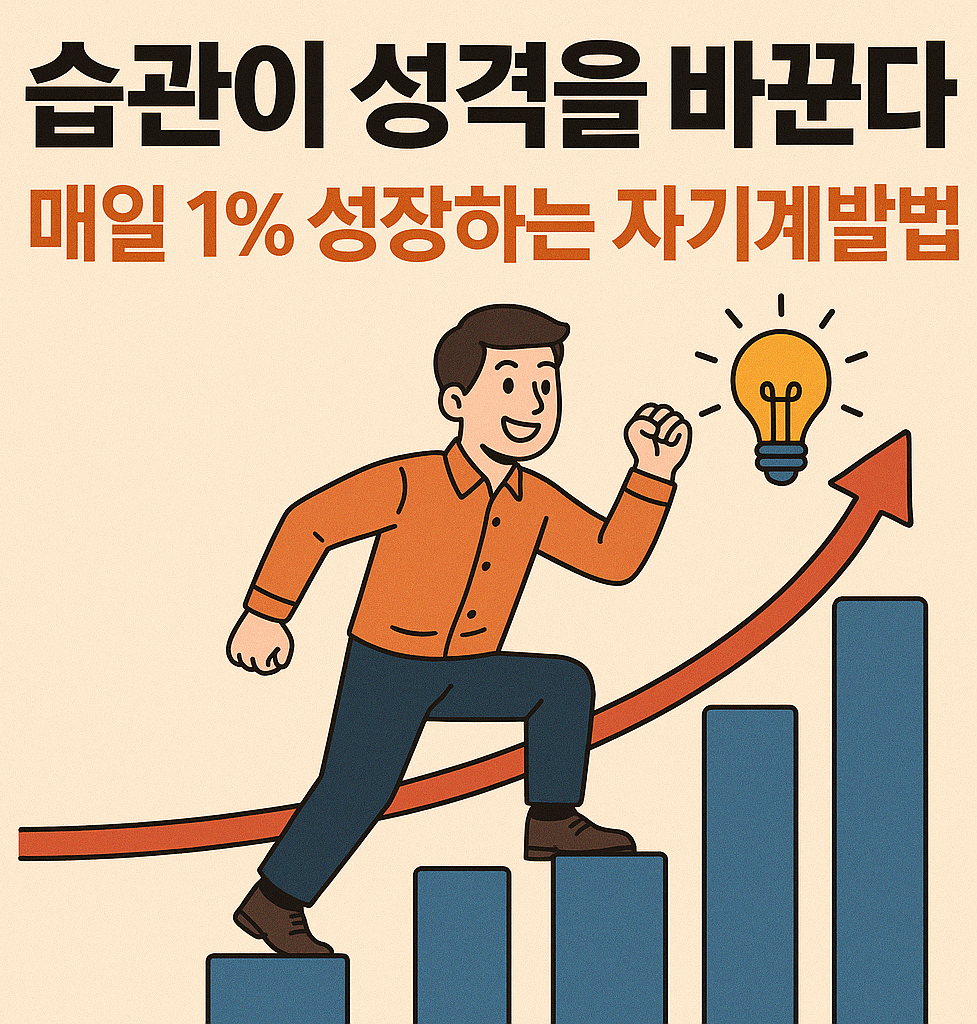 습관과 성장을 주제로 계단을 오르며 자기계발하는 남성 캐릭터 일러스트 – 성장 그래프와 아이디어 전구