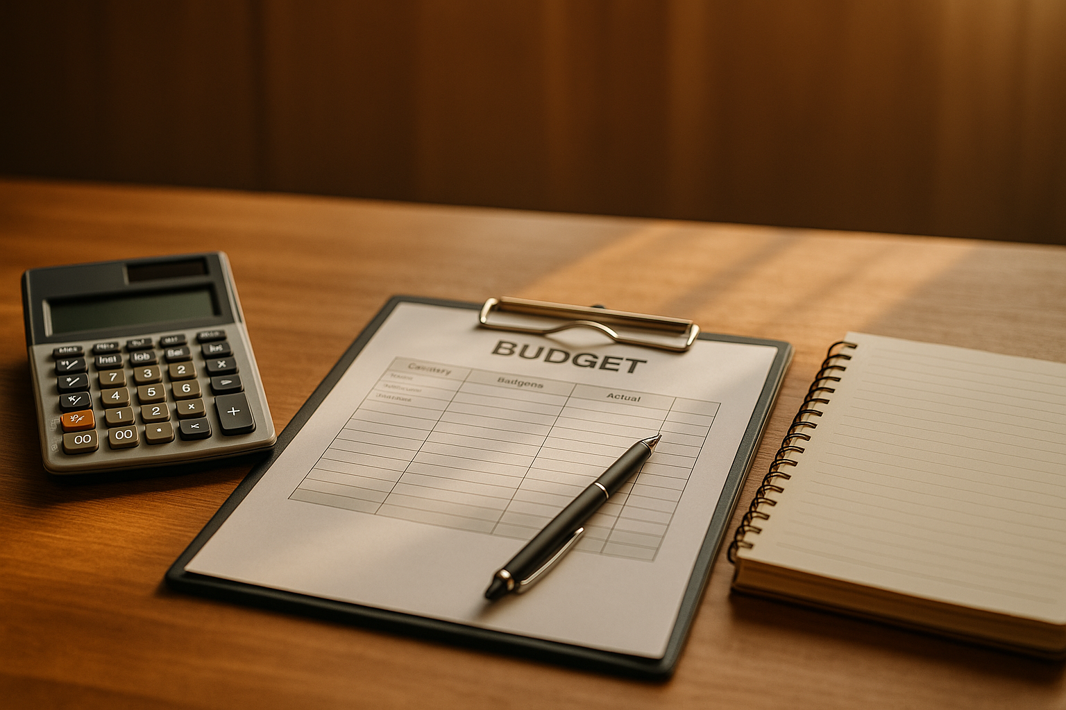 나무 책상 위에 예산 수첩, 계산기, 연필, 노란색 메모지가 놓여 있으며, 노트에는 항목별 예산이 손글씨로 적혀 있는 장면이다.