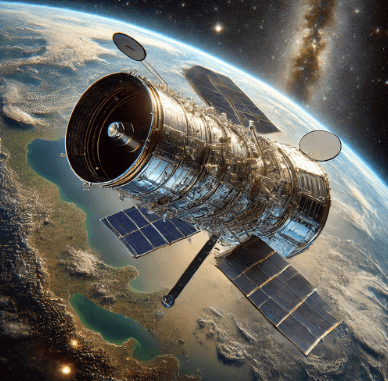 위성형태의 우주 망원경이 지구궤도 위에 떠있는 모습이다 뒤로는 지구의 모습이 푸르게 보이고 우주의 검은색 배경이 조금 노출되어 있다.