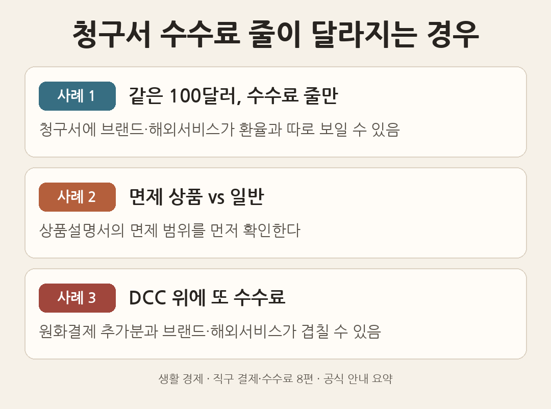 같은 100달러&middot;면제 카드와 일반 카드&middot;DCC 겹침으로 청구서 수수료 줄을 비교한 도해