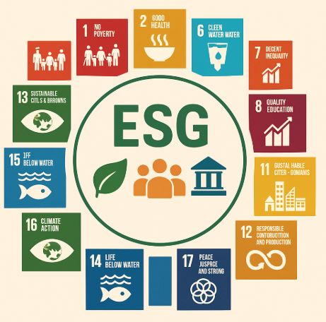 ESG 세 축(E/S/G)을 중심에 두고, UN SDGs 아이콘 17개가 둘러싼 구조 의 이미지