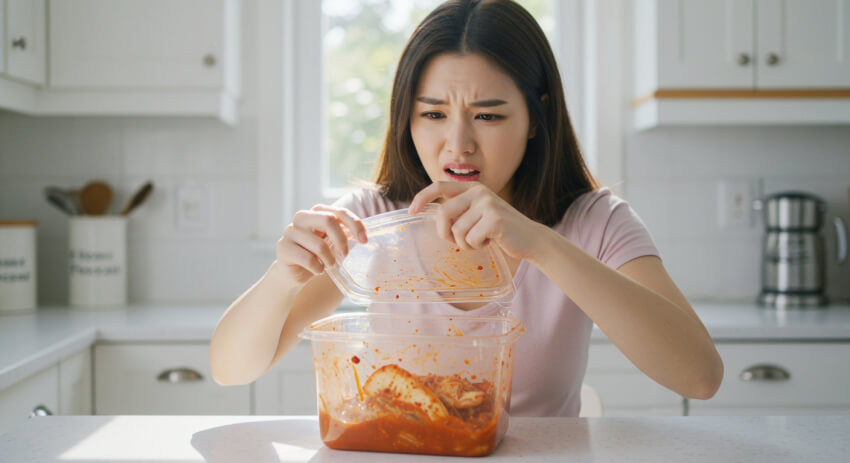 냄새 때문에 힘들어 하면 김치통 냄새 제거를 고민하고 있는 여성