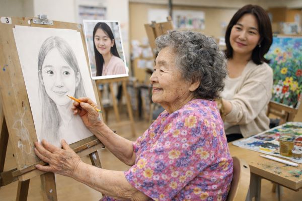 손녀 초상화 그리는 할머니