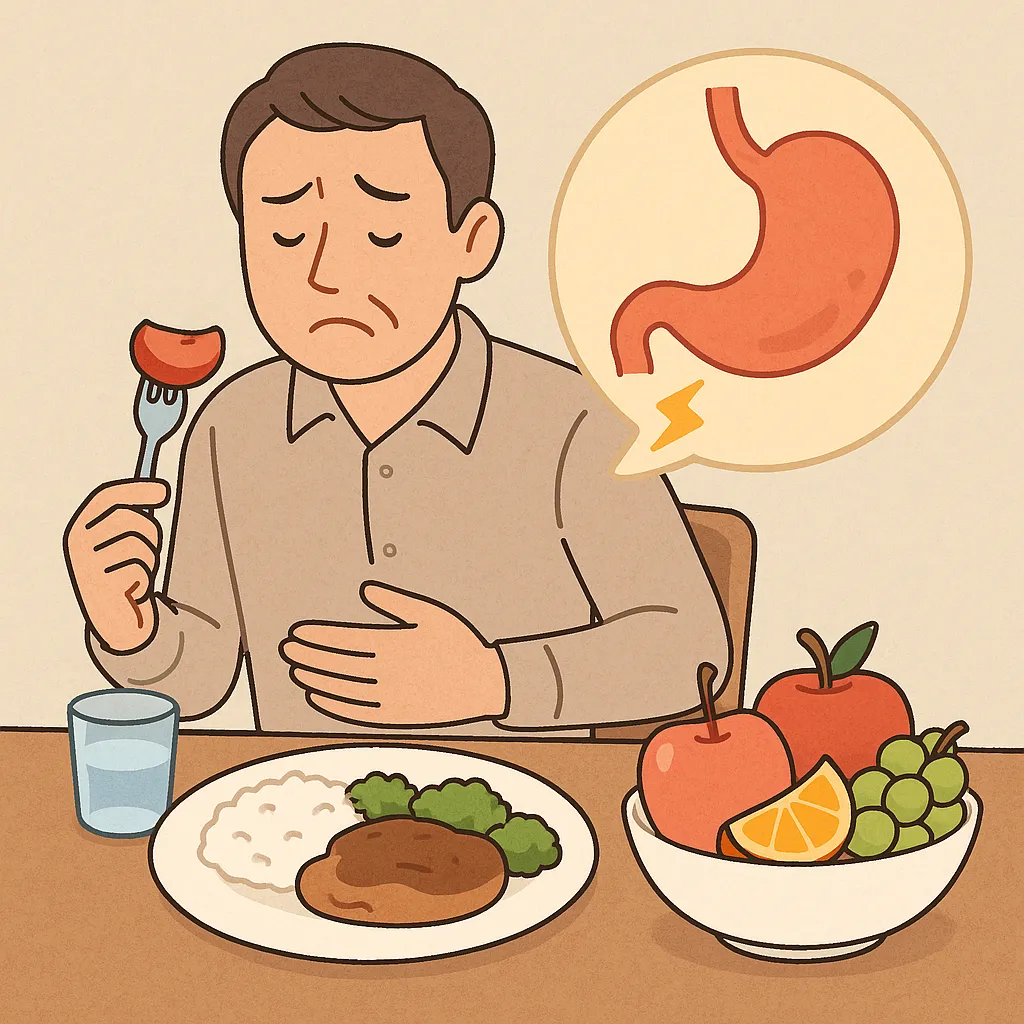 식사-직후-과일을-먹으며-속이-불편한-남성의-모습으로,-소화가-완전히-이루어지기-전에-과일을-섭취하면-위-내부의-발효와-더부룩함을-유발할-수-있음을-시각적으로-표현한-일러스트