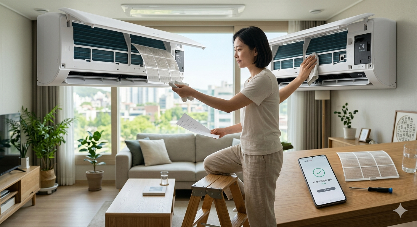 2026년형 스마트 에어컨 자가점검 및 스마트폰 앱 AI 진단 실행 모습