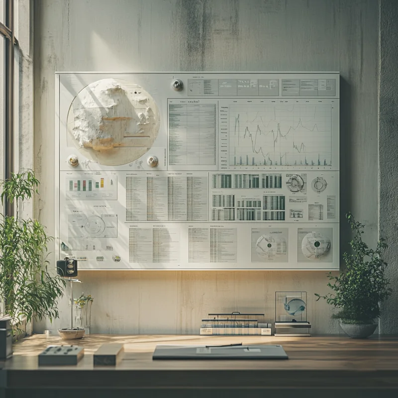 다양화된 ETF 포트폴리오를 추상적이지만 체계적으로 나타낸 이미지, 명확성과 전략을 강조하는 전문가의 금융 자문 사무실에서의 자연광 활용