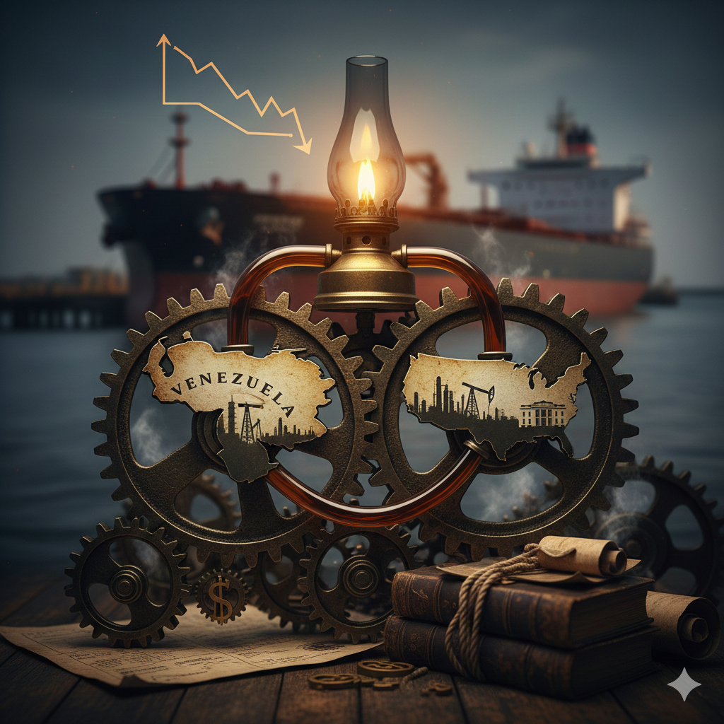 어두운 항구를 배경으로 베네수엘라와 미국의 지도가 그려진 두 개의 거대한 황동 톱니바퀴가 서로 맞물려 돌아가는 클로즈업 이미지에요. 톱니바퀴 위로는 석유가 흐르는 유리관이 연결되어 있고, 그 중앙에는 밝게 빛나는 빈티지 등불이 놓여 있어요. 배경에는 대형 유조선과 하락하는 유가 그래프가 희미하게 보이며, 전면에 오래된 책과 서류가 배치되어 에너지 패권의 역사적 변화와 전략적 결합을 상징해요.