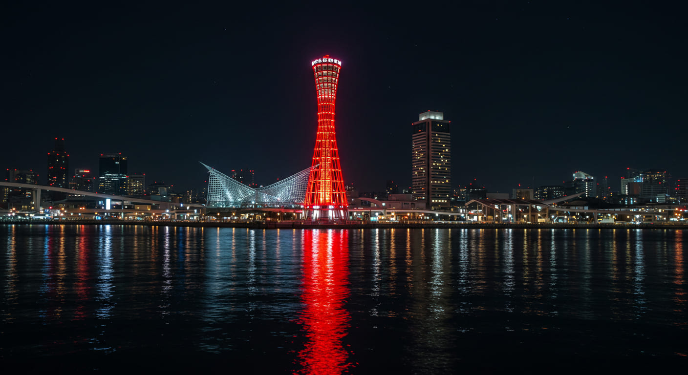 고베 포트타워의 야경, 빨간색과 흰색 조명이 켜진 타워와 물 위에 비친 반영, 맑은 밤하늘 풍경