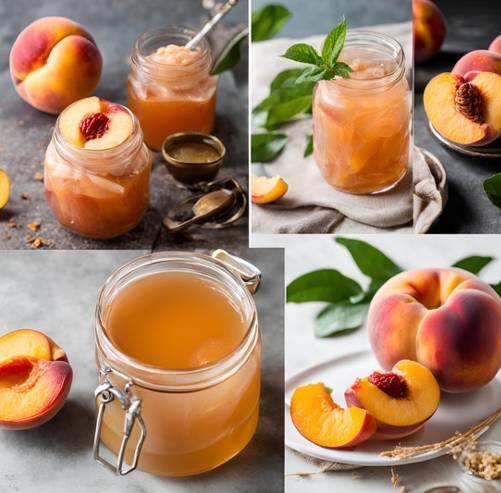 다양한 개복숭아 섭취 방법을 보여주는 이미지 콜라주. 개복숭아 발효액, 신선한 개복숭아, 개복숭아차, 개복숭아를 활용한 요리 등이 아름답게 배치되어 있습니다