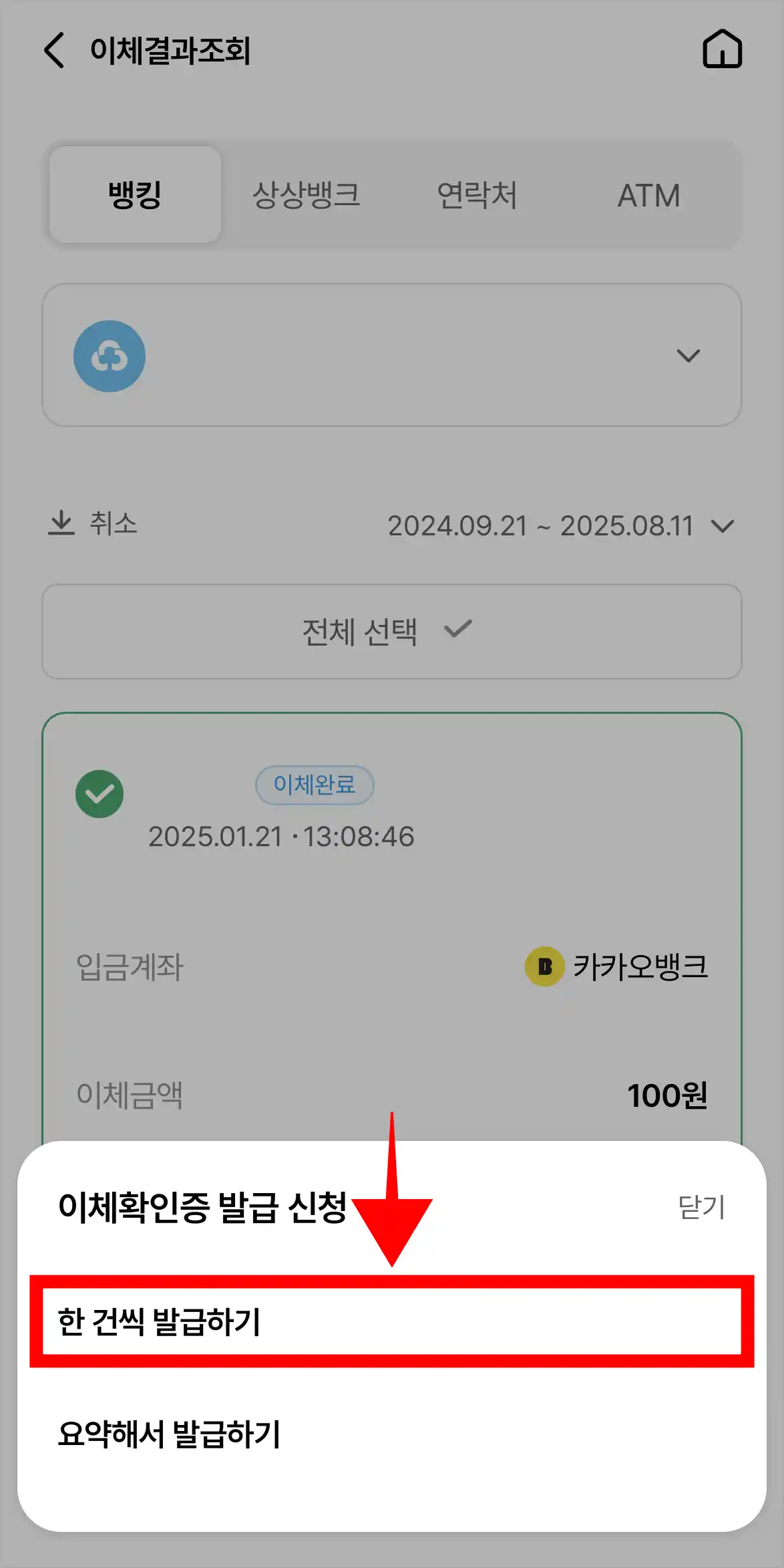 화면에 표시된 이체확인증 발급 신청 메뉴의 '한 건씩 발급하기'를 선택