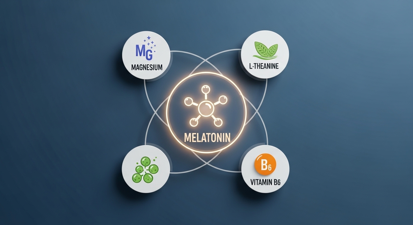 수면 영양제 성분들의 시너지 효과를 시각적으로 보여주는 이미지. 중앙의 멜라토닌을 마그네슘, 테아닌 등이 둘러싸고 있다.
