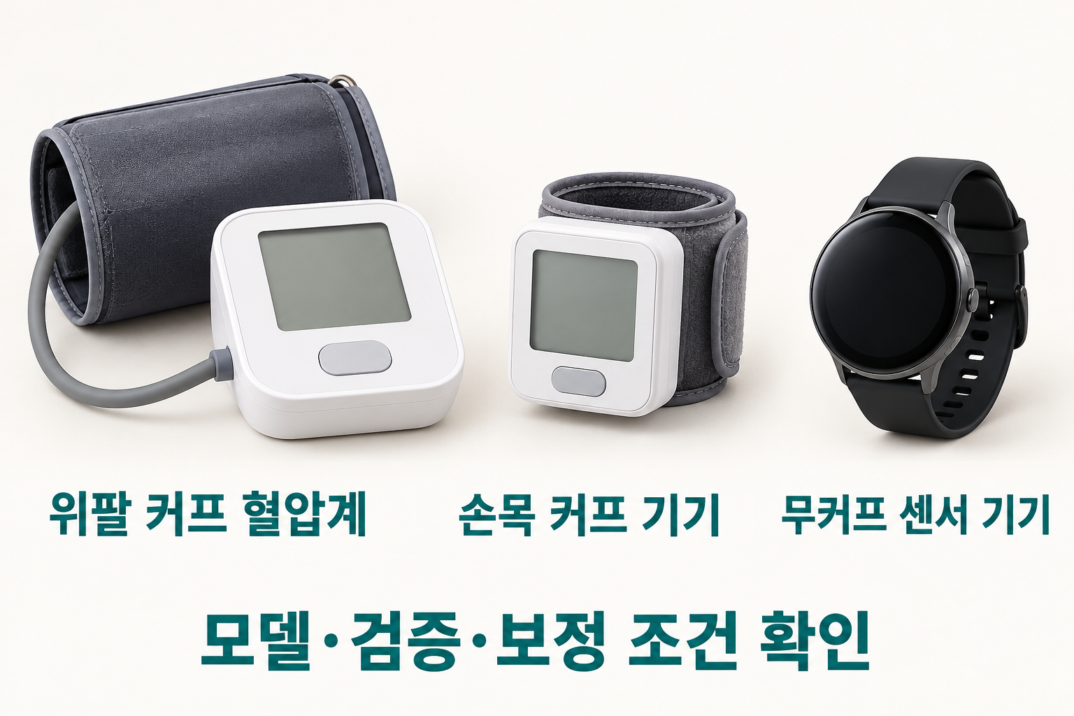위팔 커프&middot;손목 커프&middot;무커프 센서 기기를 나누고 모델별 검증과 보정 조건을 확인하도록 표시한 구성