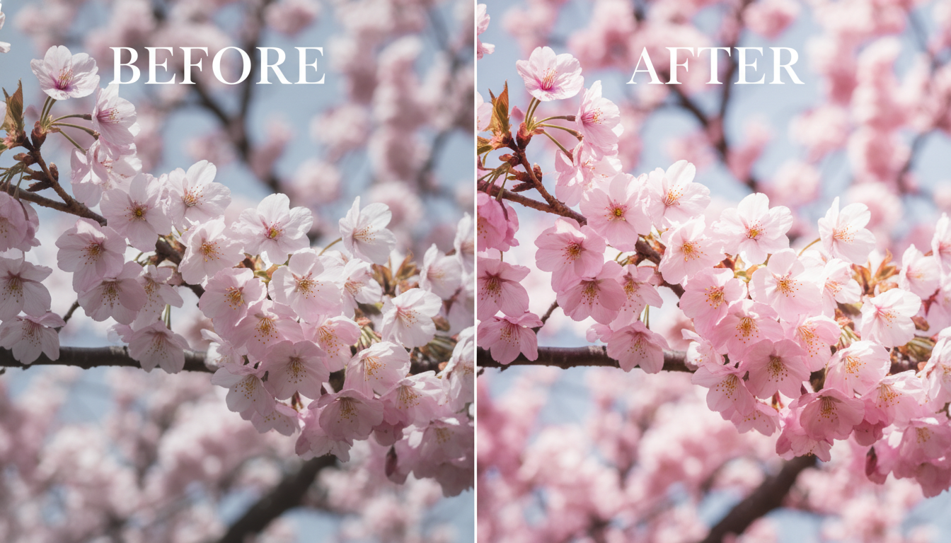 아이폰 기본 카메라 보정 전과 후의 화사한 벚꽃 색감 비교