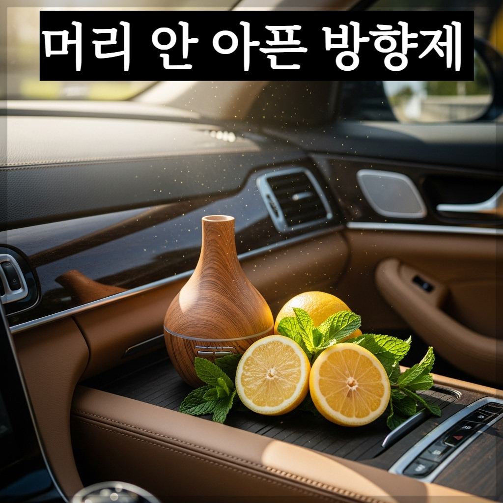 햇살이 가득 들어오는 고급스러운 자동차 실내, 대시보드 위에 정갈한 우드 소재의 천연 방향제가 놓여 있고 그 옆에 싱싱한 레몬 조각과 페퍼민트 잎이 놓여 있는 모습. 공기 중에 은은한 황금빛 입자가 떠다니며 맑고 깨끗한 기운을 시각적으로 표현한 사진