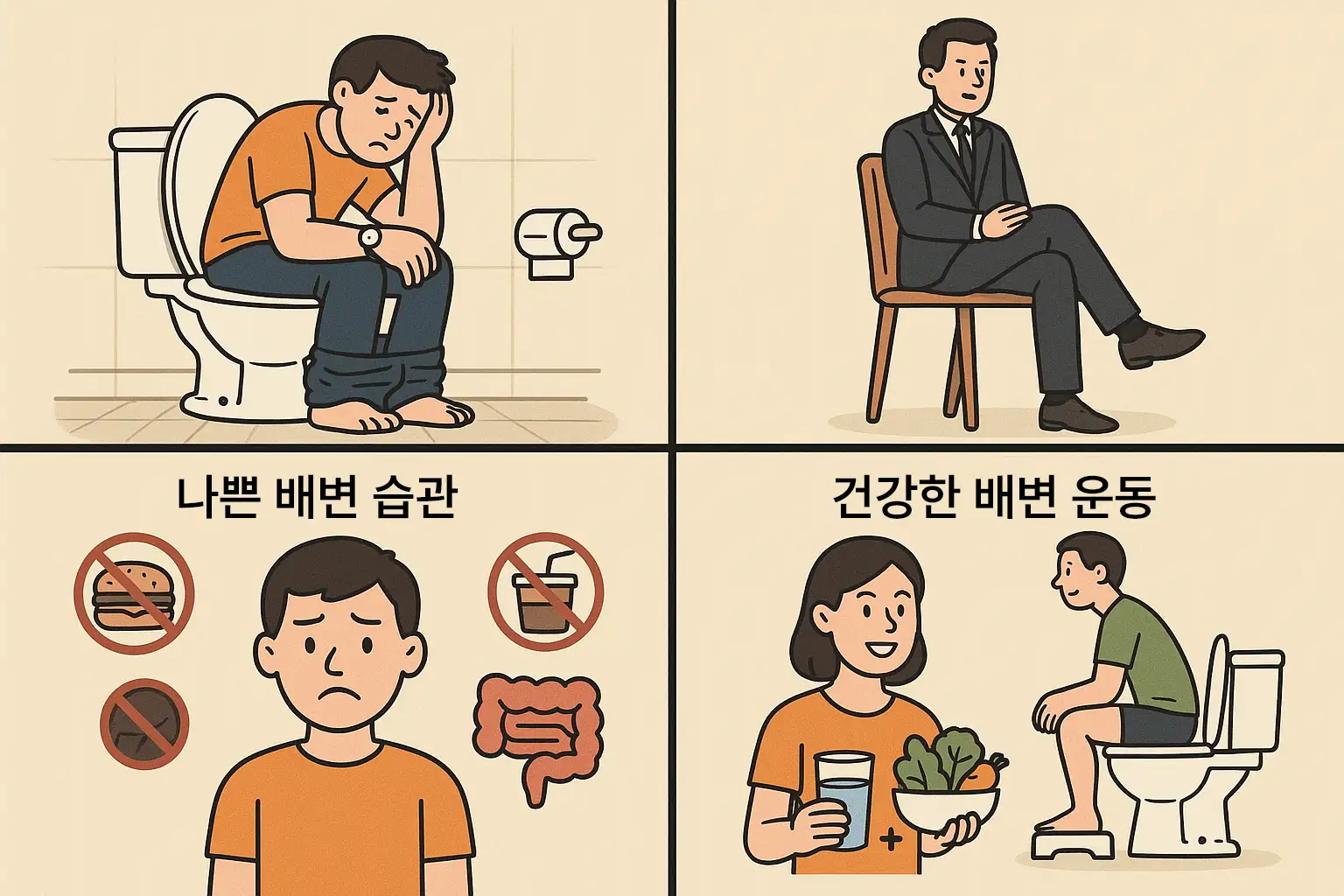 변기에 오래 앉아 있는 사람, 다리를 꼬고 앉는 직장인, 배변 습관이 나쁜 상황, 섬유질 식단과 수분 섭취의 중요성, 건강한 배변 자세