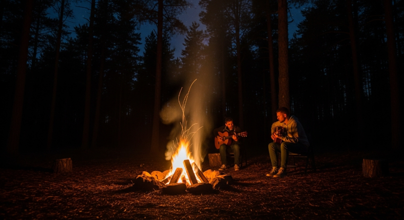 캠프파이어 옆의 고요한 밤