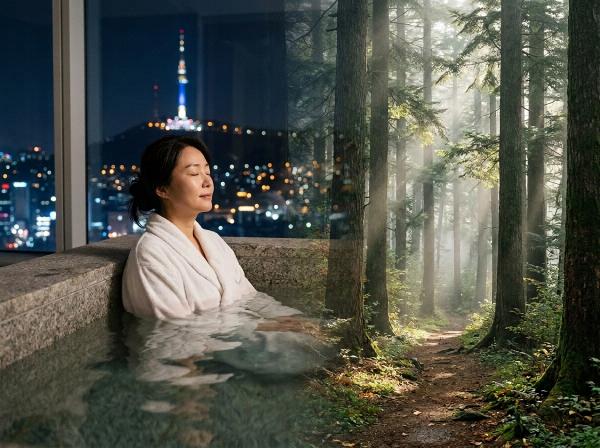 밤 도심 야경을 배경으로 욕조에서 휴식을 취하는 여성과 숲길의 정경이 이중 노출로 표현되어 내면의 평온함을 강조한 이미지.