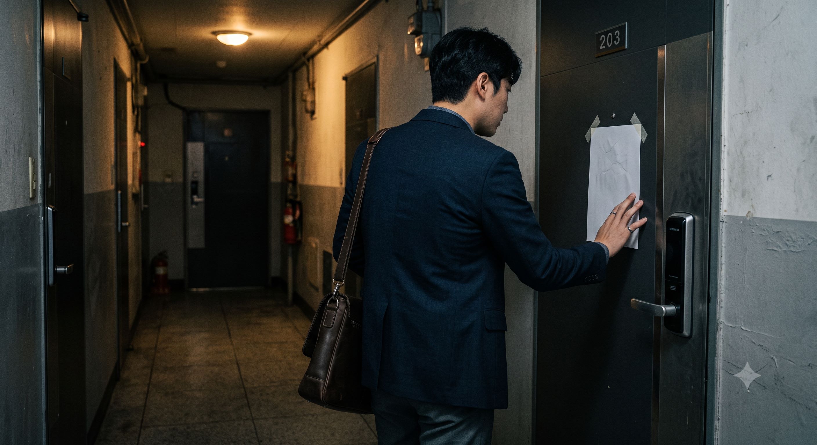 퇴근 후 현관문에 부착된 관공서 방문 부재 안내문을 쳐다보는 직장인의 뒷모습