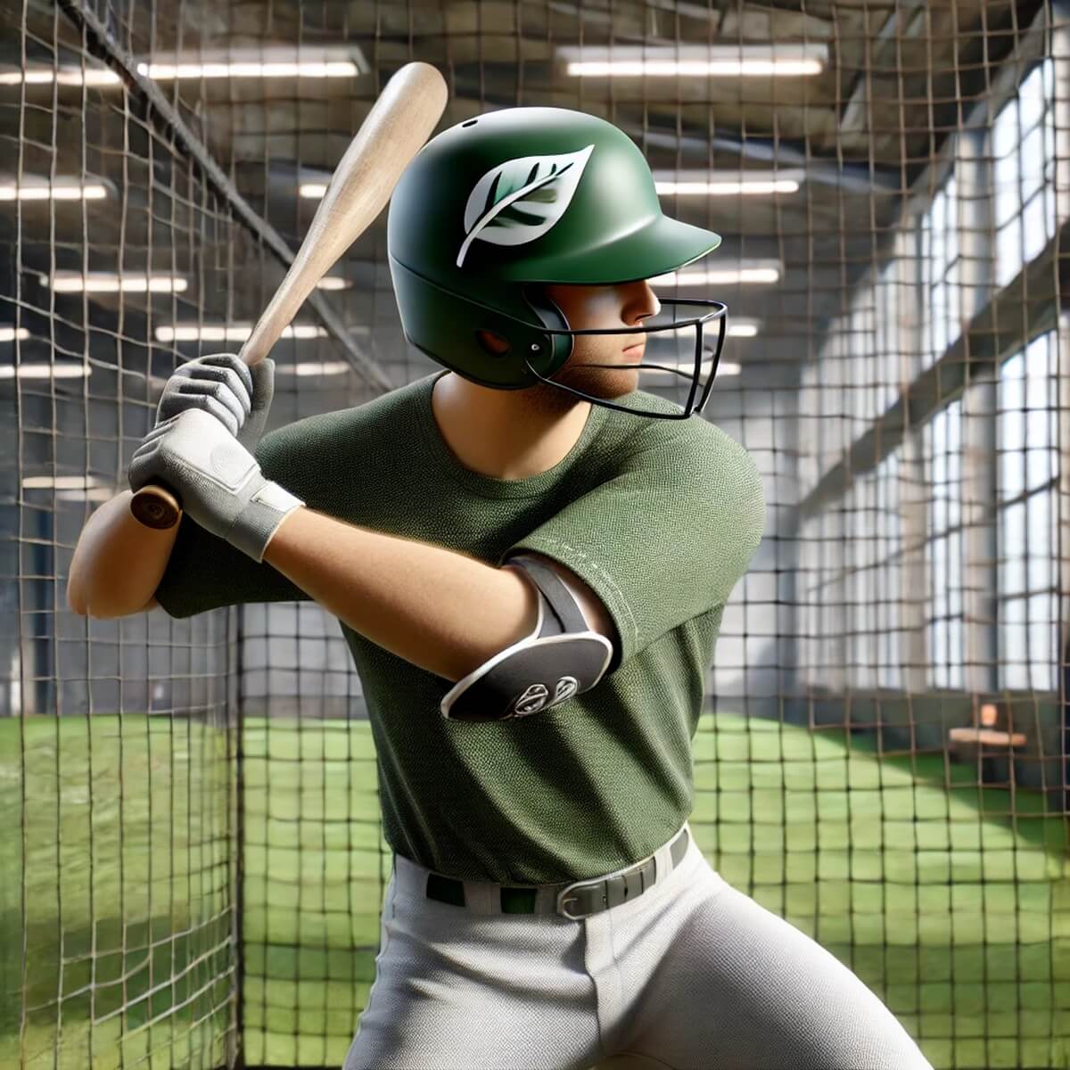 친환경 로고가 있는 야구 헬멧을 쓴 남성 선수 스윙 모습