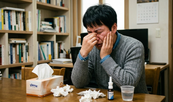 알레르기 비염으로 코를 붙잡고 괴로워하고 있는 한국인 30대 남성