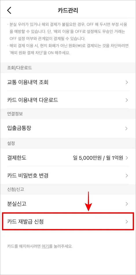 카드관리의 '재발급 신청'을 선택