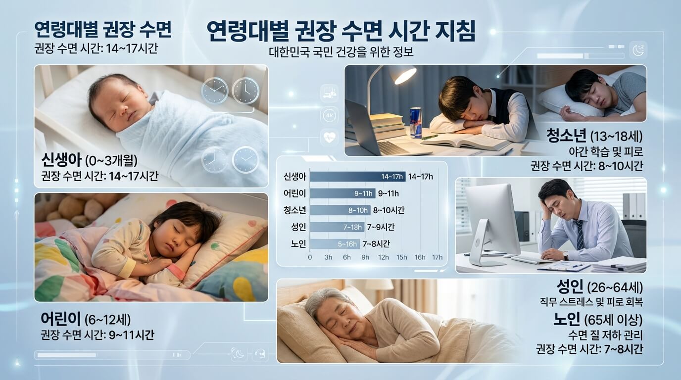 연령별 아기부터 노인까지 필요한 수면시간을 비교한 건강 인포그래픽