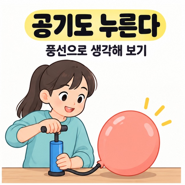 공기도 누른다는 문구 아래 책상 위 손펌프로 분홍색 풍선에 공기를 넣는 학생