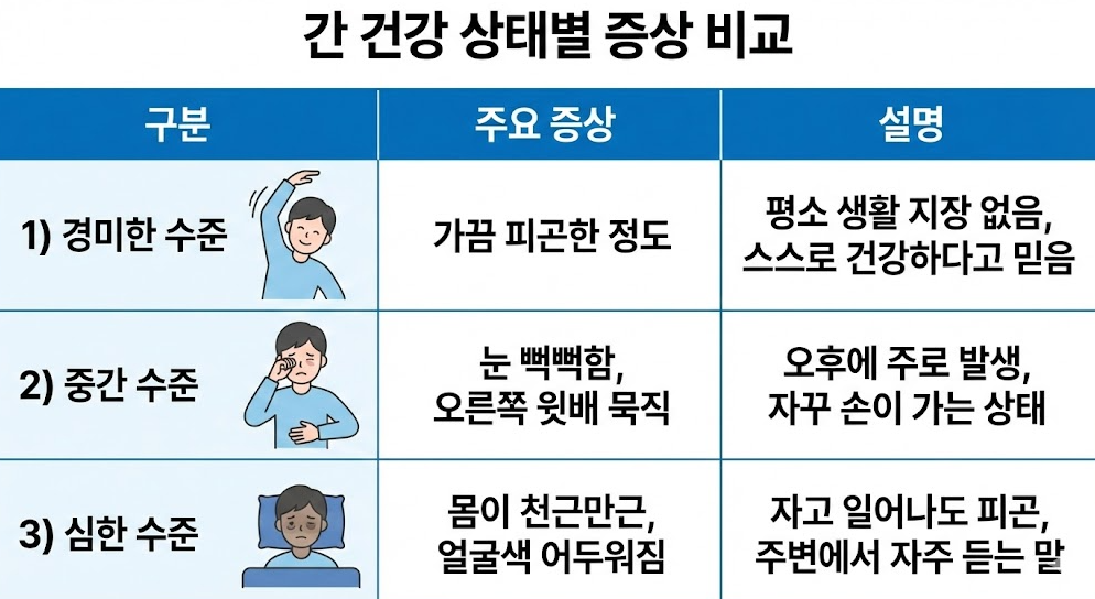 간 건강 상태별 증상 비교 일러스트, 경미&middot;중간&middot;심한 단계별 피로감과 신체 변화 설명