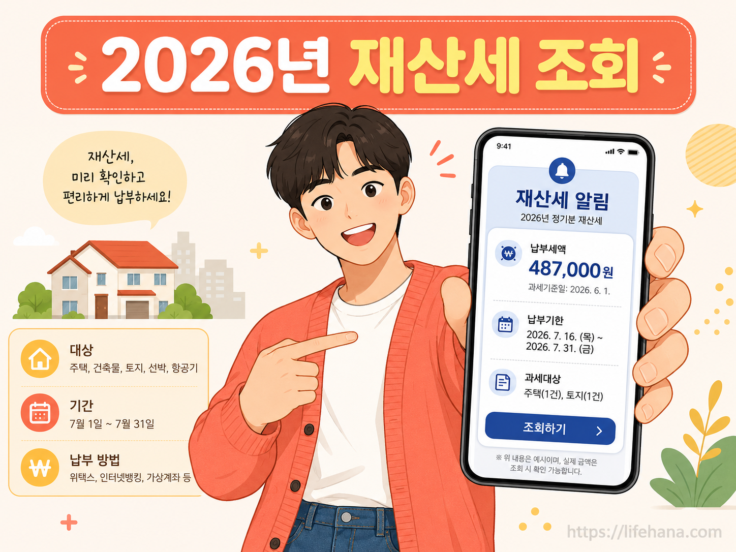 2026년 7월 재산세 고지서 및 위택스 스마트폰 조회 화면 백그라운드 인포그래픽