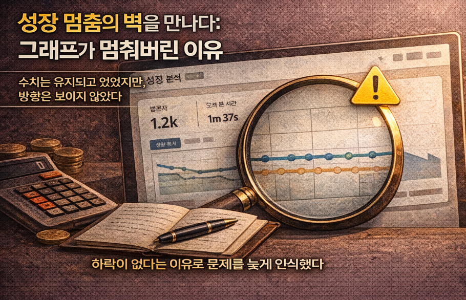 블로그 성장 그래프가 하락 없이 평평하게 유지된 상태를 돋보기로 분석하는 이미지, 방문자 수와 체류 시간은 유지되지만 성장 방향이 보이지 않는 상황