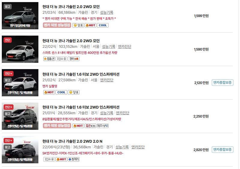 현대 코나 중고차 가격 시세표 유지비