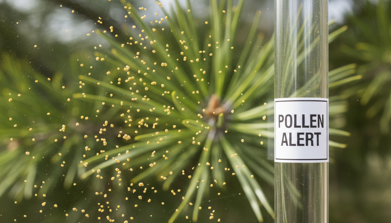 유리 표면에 쌓인 미세한 노란색 송화가루와 소나무 가지 접사 사진