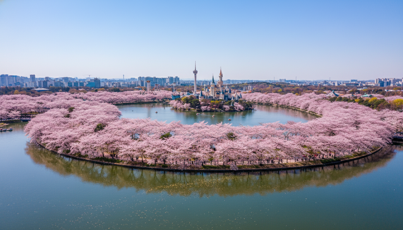 서울 석촌호수와 롯데월드를 배경으로 벚꽃이 만개한 전경.