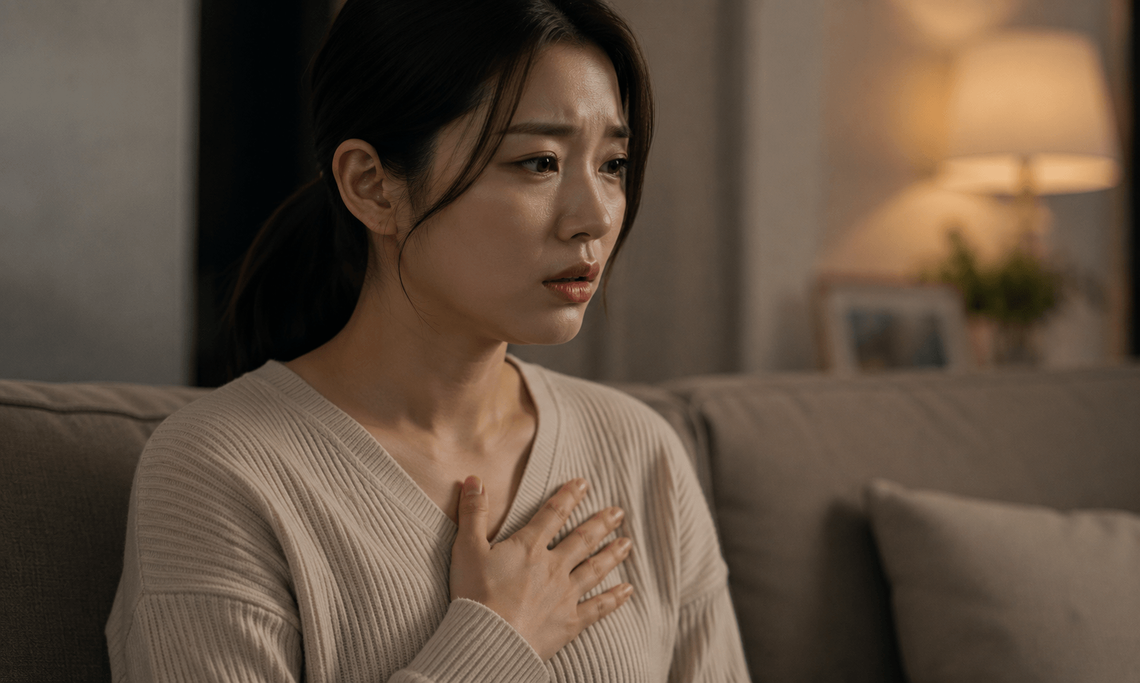 소파에 앉아 가슴에 손을 얹고 자신의 심장 박동을 느끼는 듯 걱정스러운 표정을 짓는 인물의 모습으로, 심계항진과 공황장애, 신체 감각에 대한 불안을 표현한 이미지
