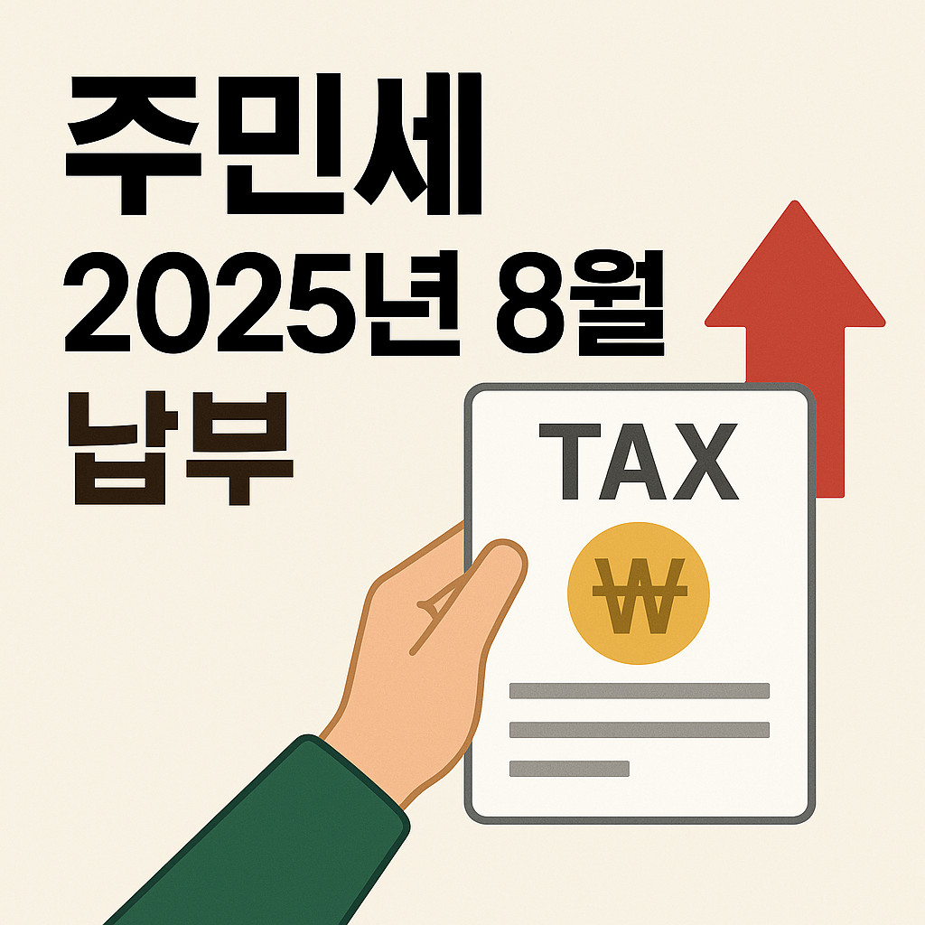 주민세 2025년 8월 납부 안내 텍스트와 함께, 손에 들린 세금 고지서 이미지와 상승을 의미하는 빨간 화살표가 포함된 썸네일 이미지