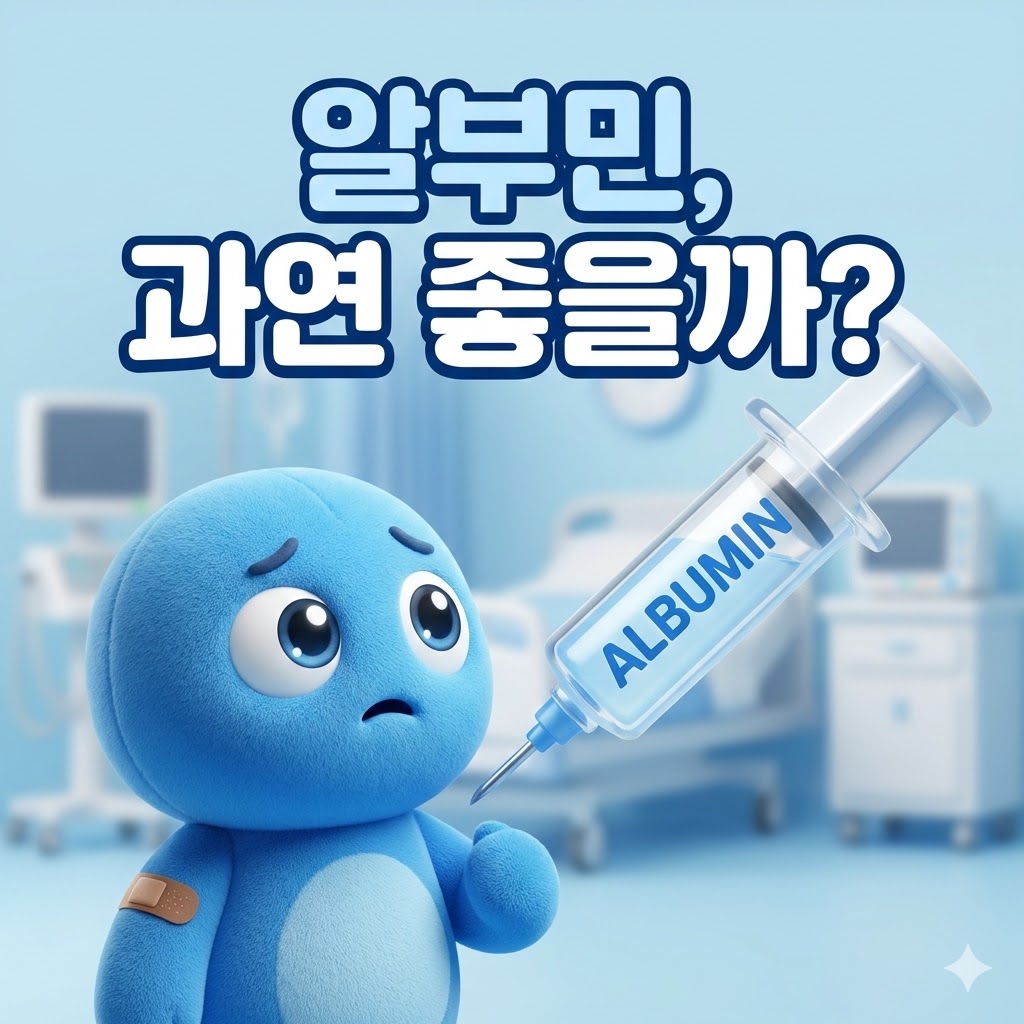 알부민 주사를 망설이는 귀여운 캐릭터와 '알부민, 과연 좋을까?' 문구가 담긴 이미지