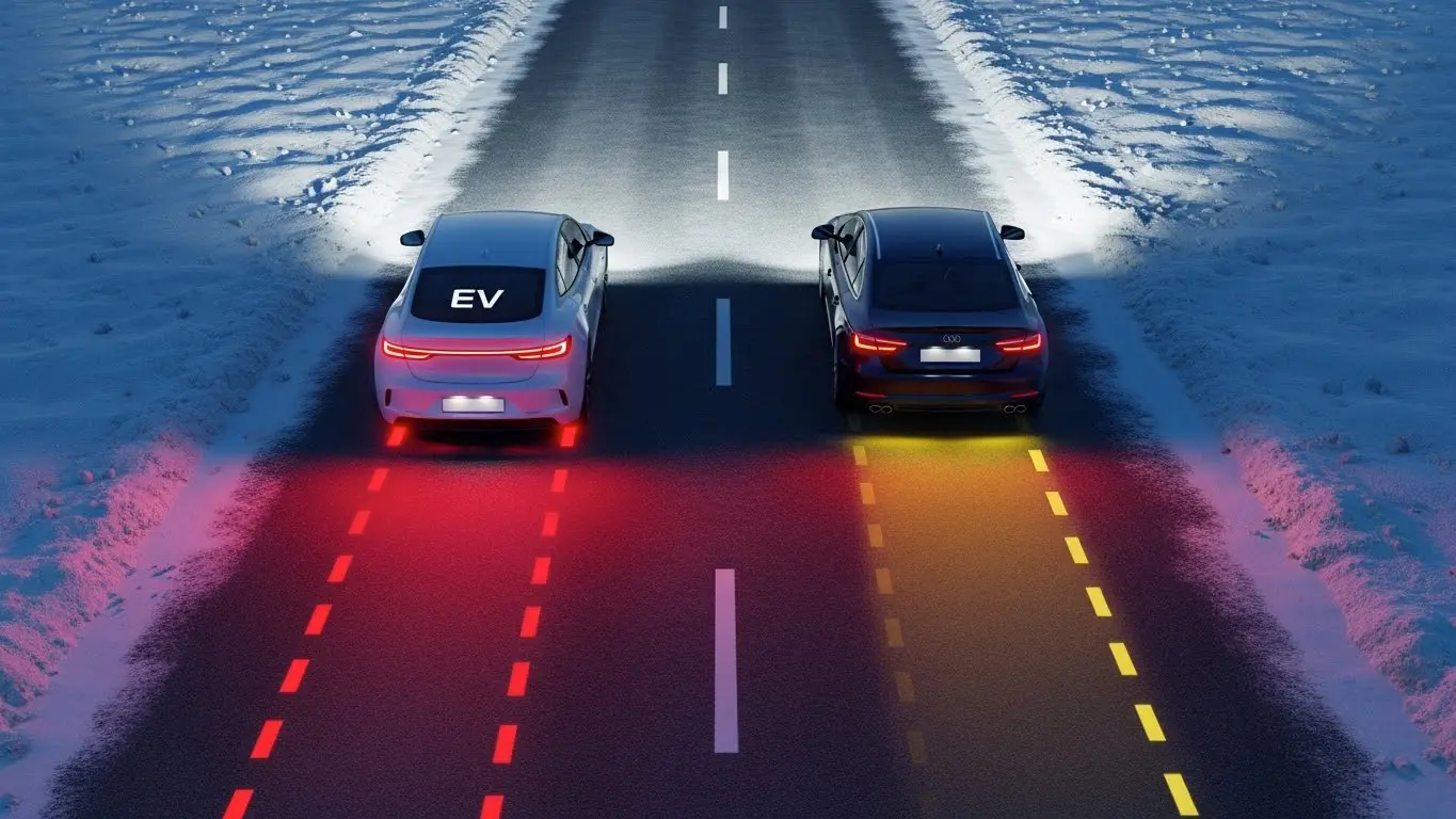 전기차와 내연기관차가 눈길에서 서로 다른 제동 거리를 보여주는 비교형 도로 이미지