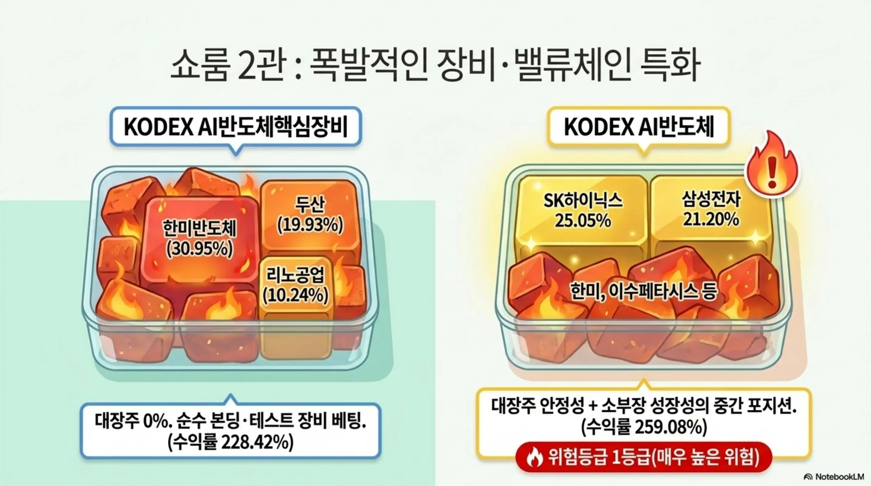 AI반도체ETF비교: KODEX AI반도체핵심장비는 한미반도체 30.95% 등 장비주만 담고 KODEX AI반도체는 SK하이닉스 25.05%와 삼성전자 21.20% 등 대장주를 포함하는 구성 차이를 도시락 용기로 비교한 인포그래픽. 블로그의 장비·밸류체인 특화 AI 반도체 ETF 비교를 설명함