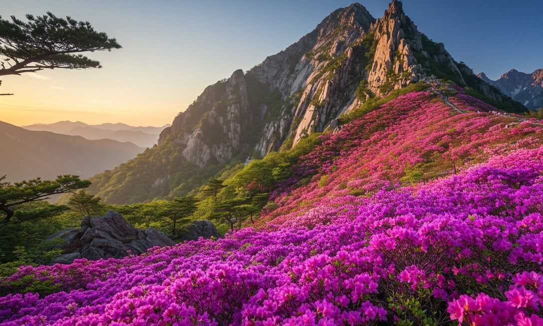 산정상, 철쭉, 나무, 하늘
