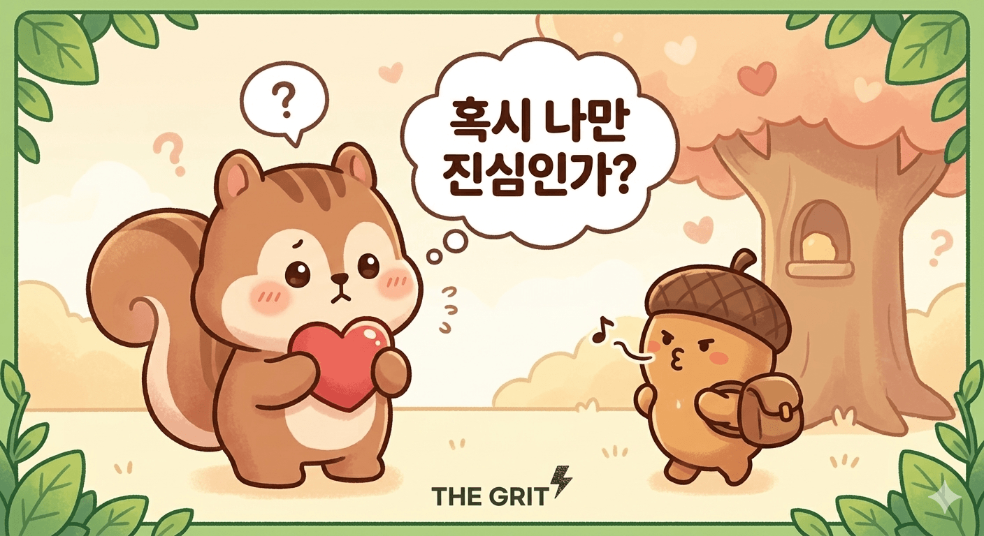 "빨간 하트를 소중하게 든 다람쥐와 가방을 메고 휘파람을 불며 떠나가는 도토리 캐릭터의 대비를 통해 짝사랑이나 인간관계의 고민을 표현한 귀여운 일러스트 썸네일"