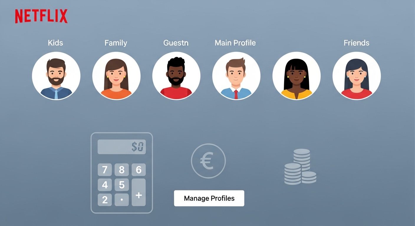 여러 사용자가 함께 넷플릭스 계정을 공유하며 비용을 절약하는 모습이 담긴 사용자 프로필 화면.