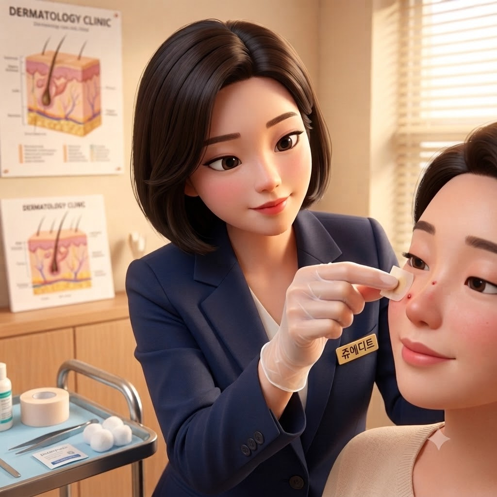 단정한 자켓 차림의 쥬에디트 캐릭터가 환자의 얼굴에 재생테이프를 붙여주며 점 빼고 난 후 관리법을 안내하는 피부과 3D 렌더링 이미지