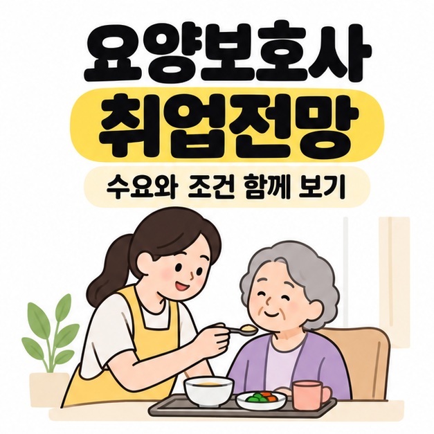 요양보호사 취업전망 제목과 수요와 조건 함께 보기 문구 아래 어르신의 식사를 돕는 요양보호사